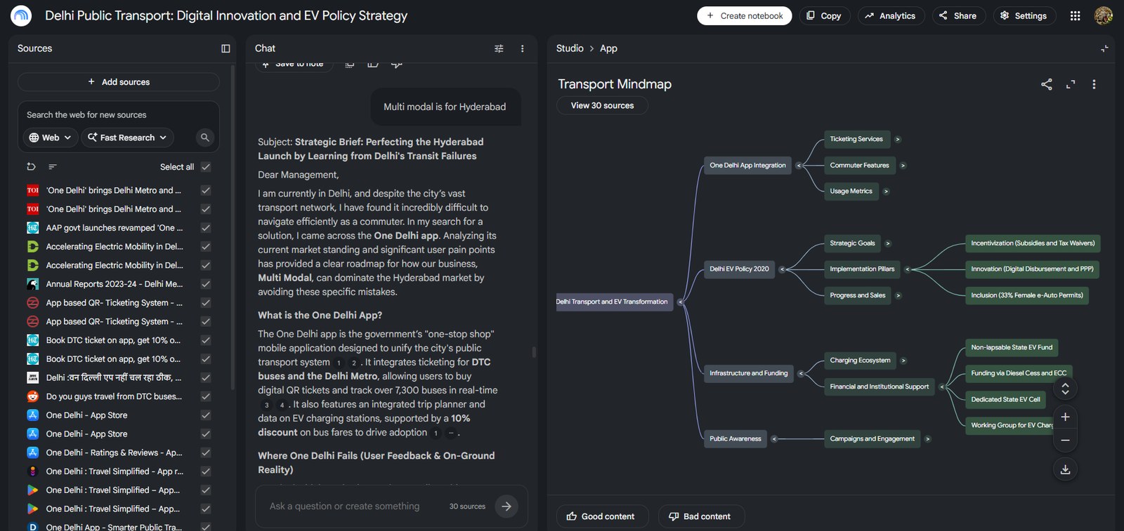 Notebook LM mindmap breaking a transport project into workflows