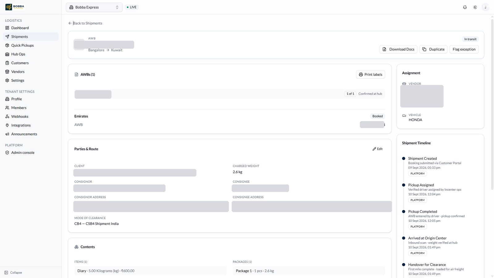Bobba Express shipment detail — AWB, Emirates SkyCargo booking and lifecycle timeline (parties redacted)