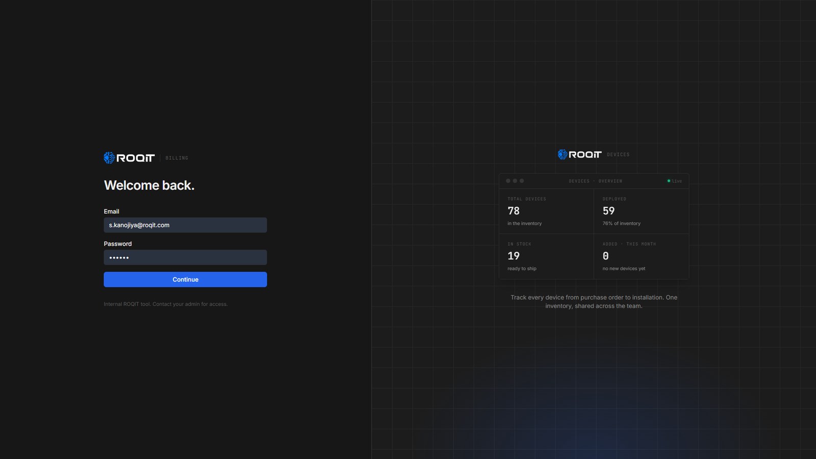 ROQIT CRM sign-in with a live devices inventory overview, built solo in 15 days