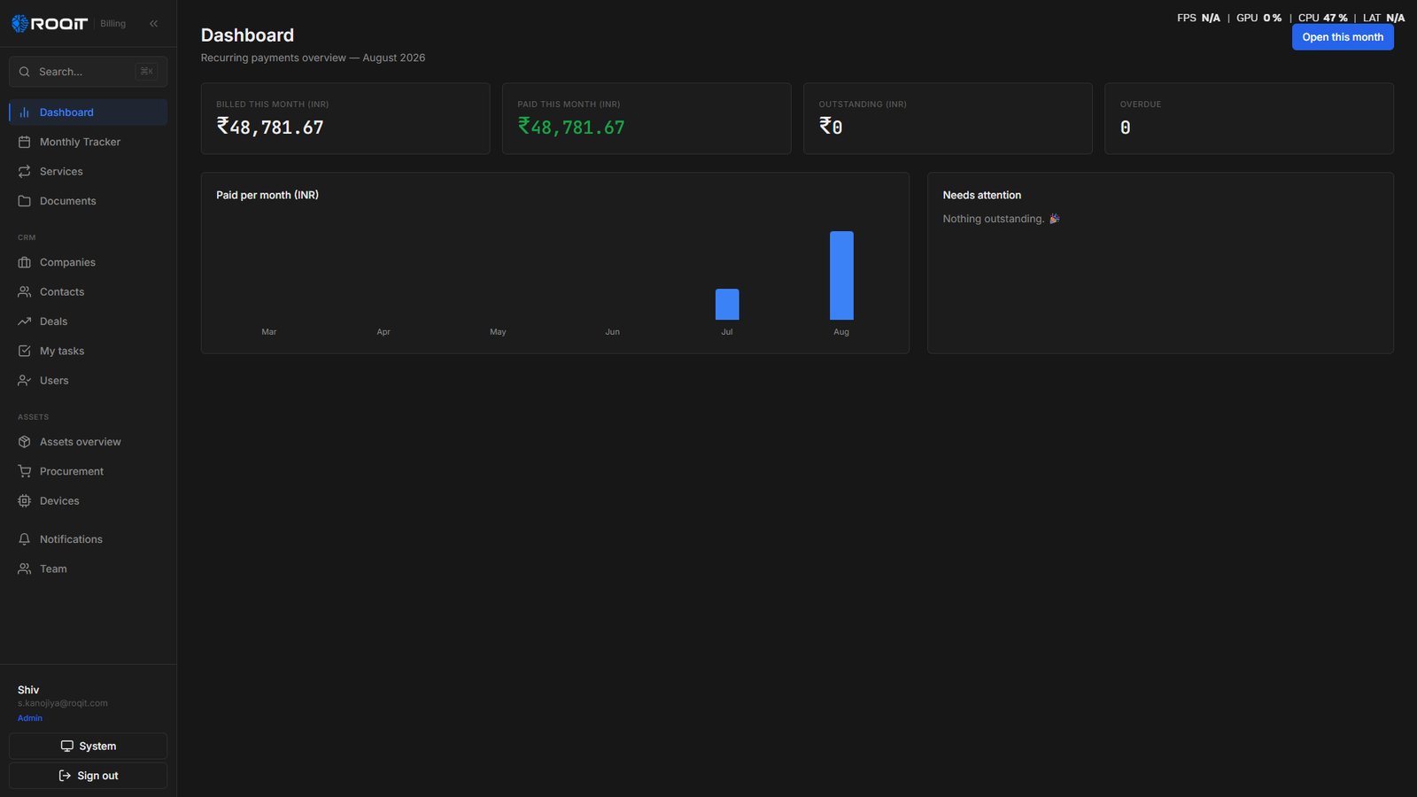 CRM — billing dashboard, recurring payments