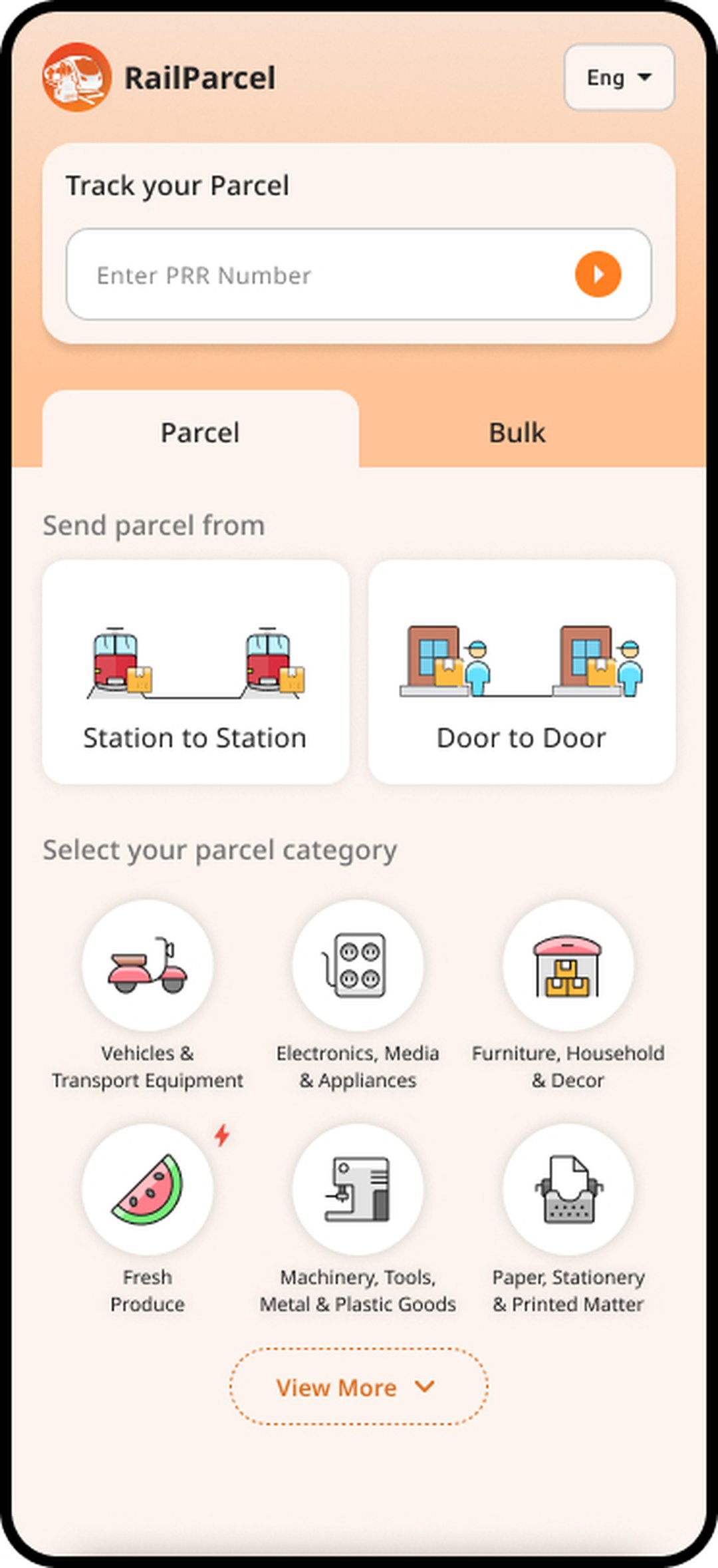 RailParcel app — home: book or track a parcel