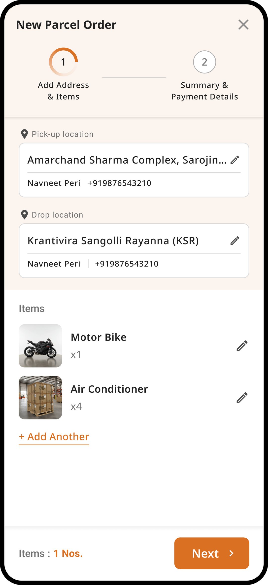 RailParcel app — add address and items