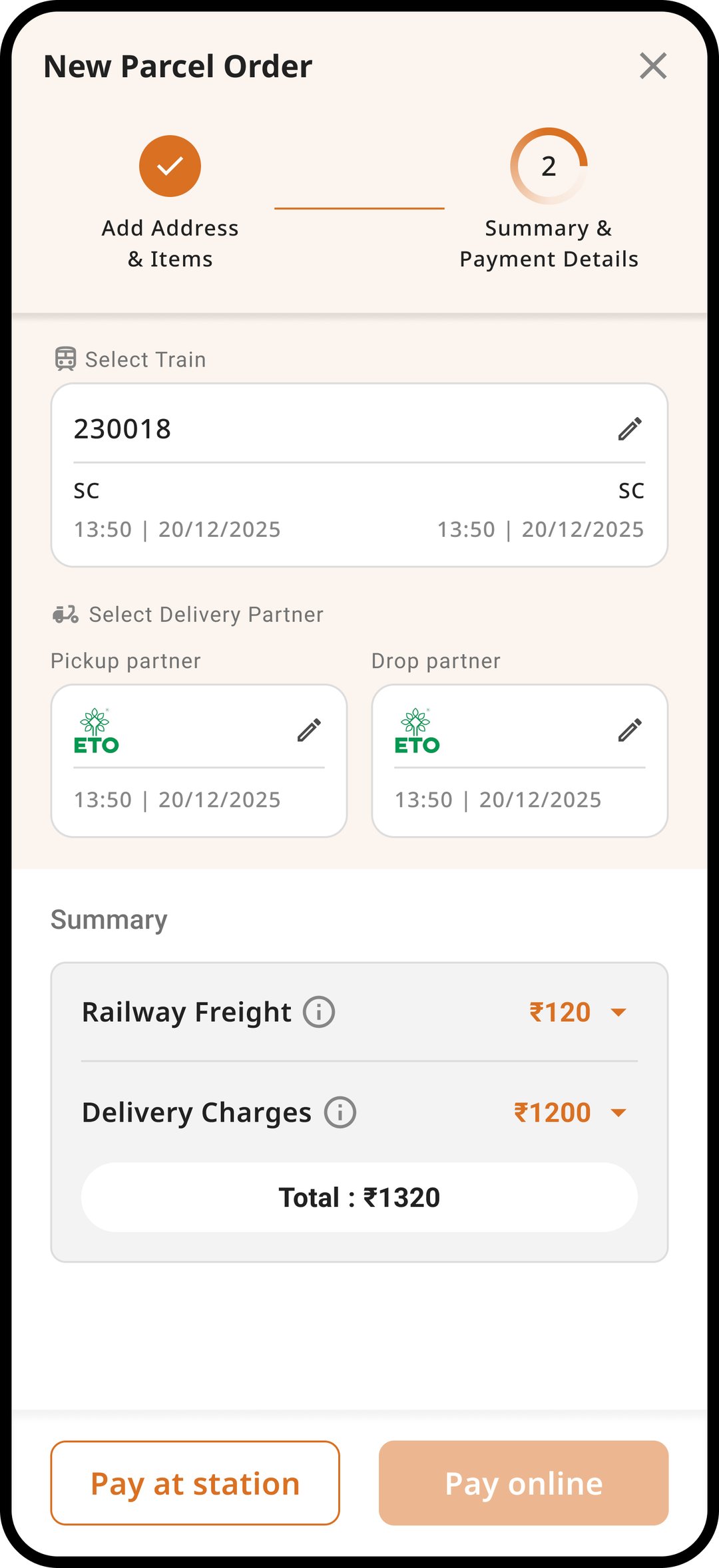 RailParcel app — summary and payment